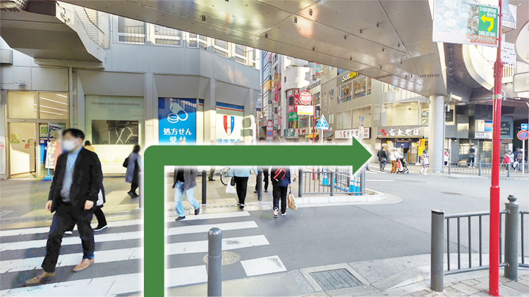 横断歩道を渡りロータリーに沿って右に進みます