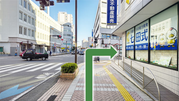 南藤沢の十字路を信号を渡り、右に進みます（江ノ島方面）